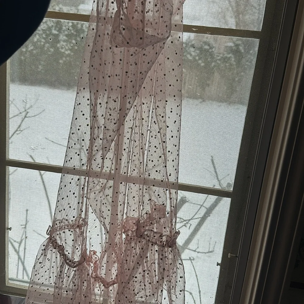 Vintage sheer pink w/white polka dots valence curtain set, circa 1960s